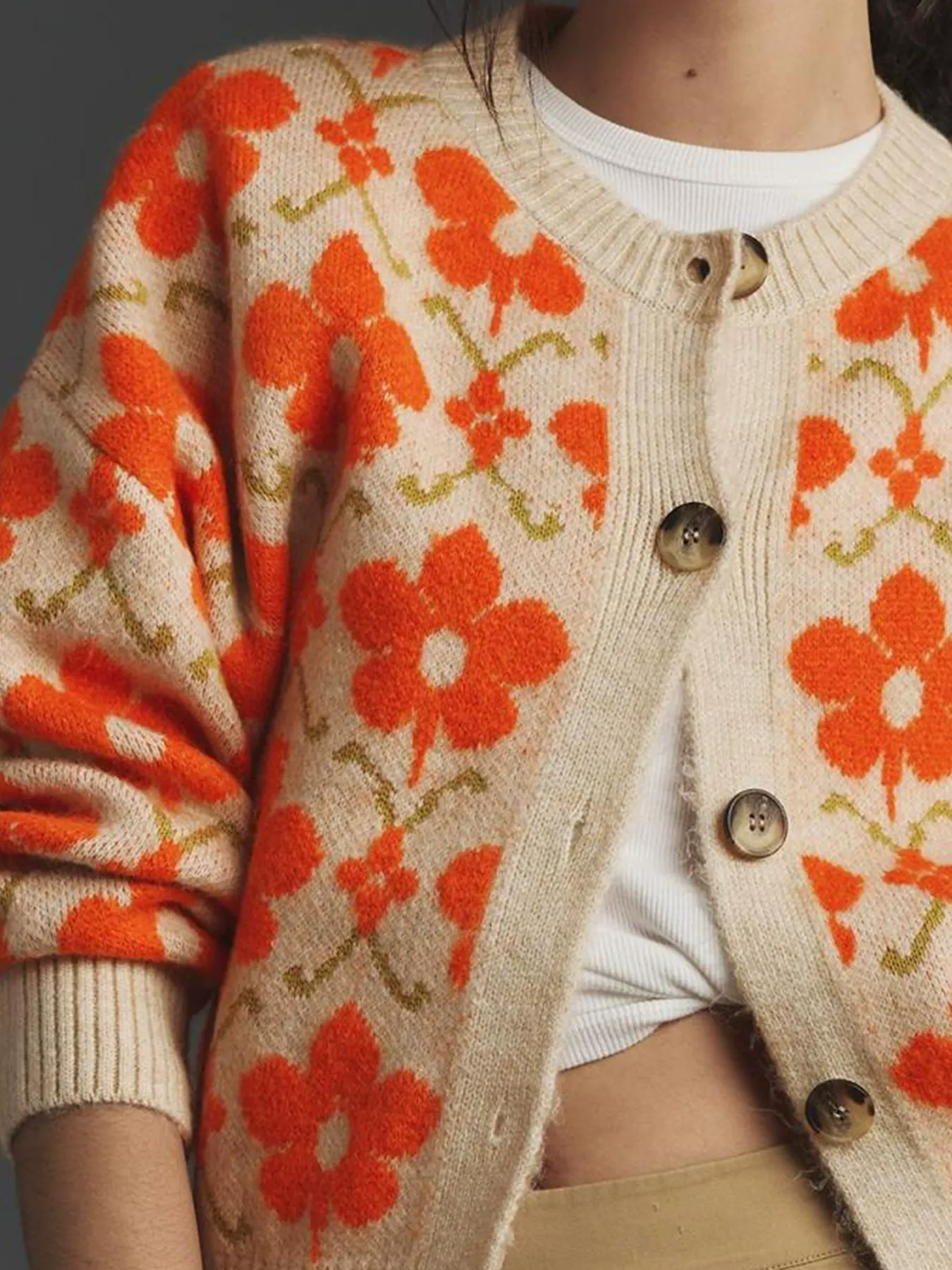 Long Sleeve Floral Jacquard Button-Front Cardigan