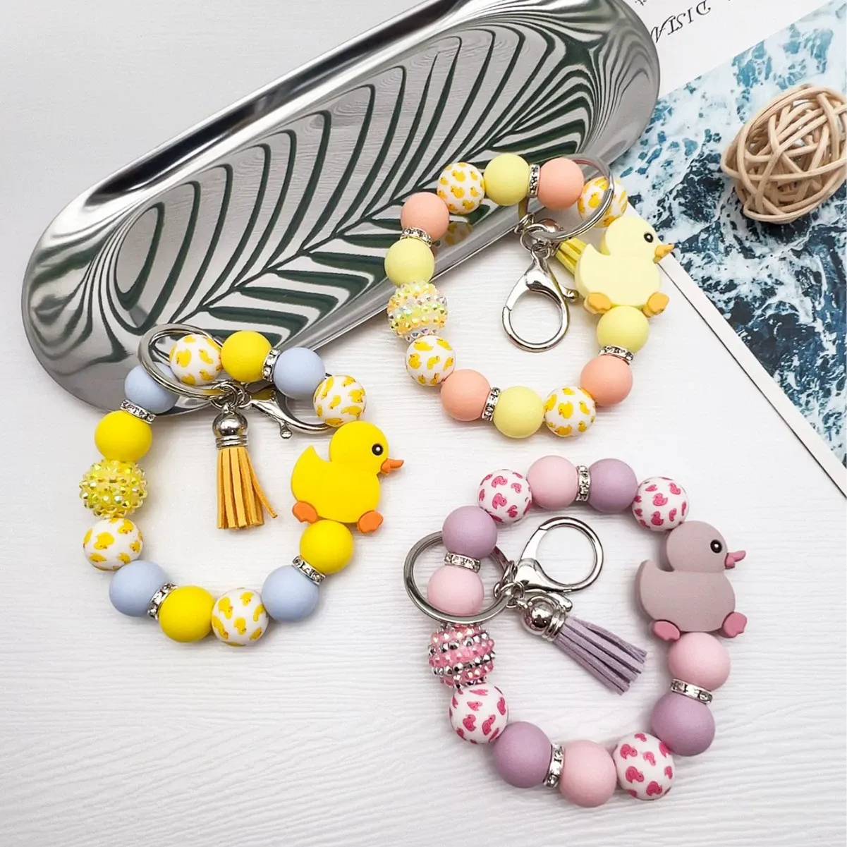 Cute Silicone Duck Keychain Bag Charm with Rhinestone Ball, Tassel & Silicone Beads