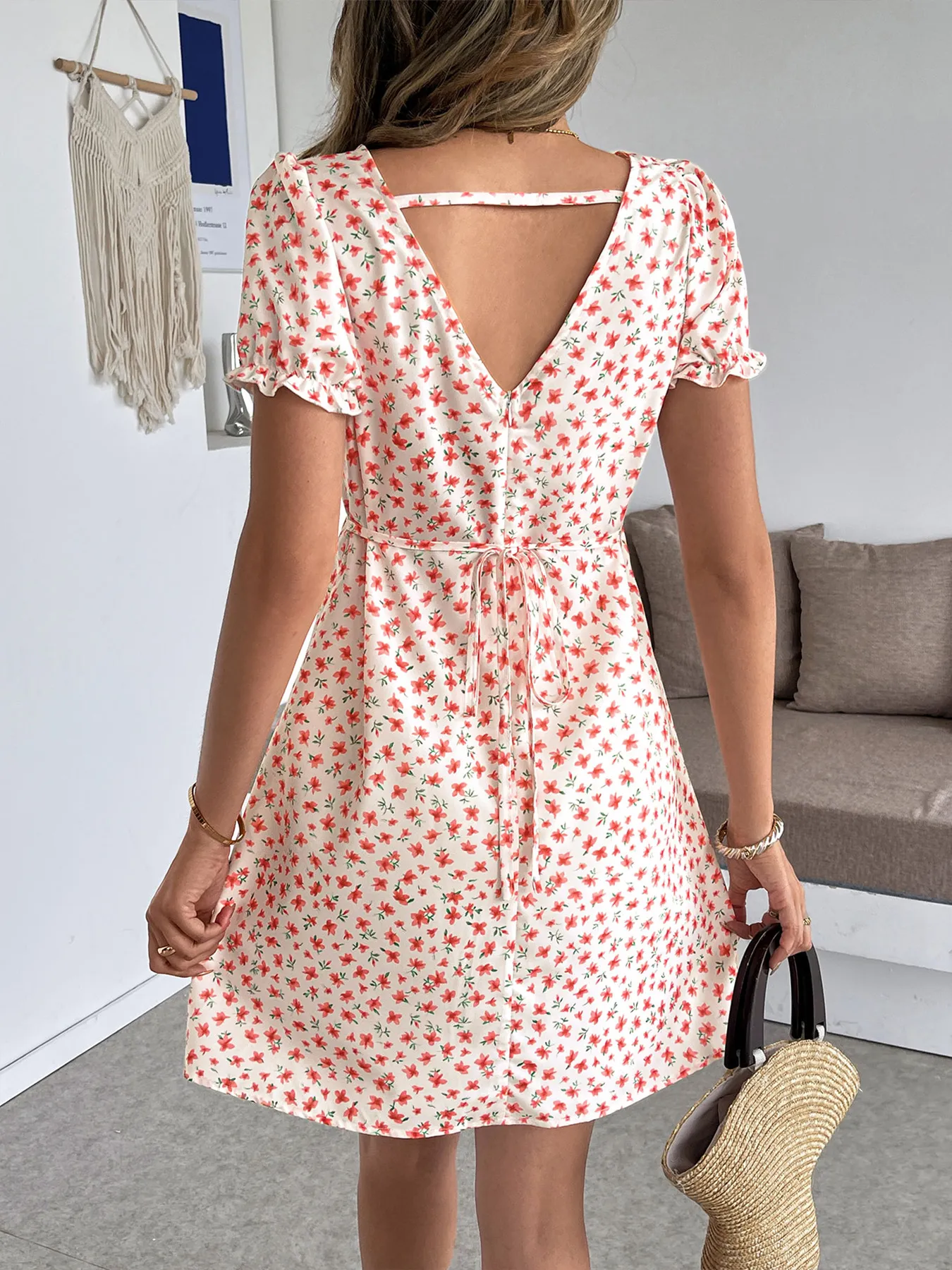 V-Neck Puff Sleeve Vacation Dress
