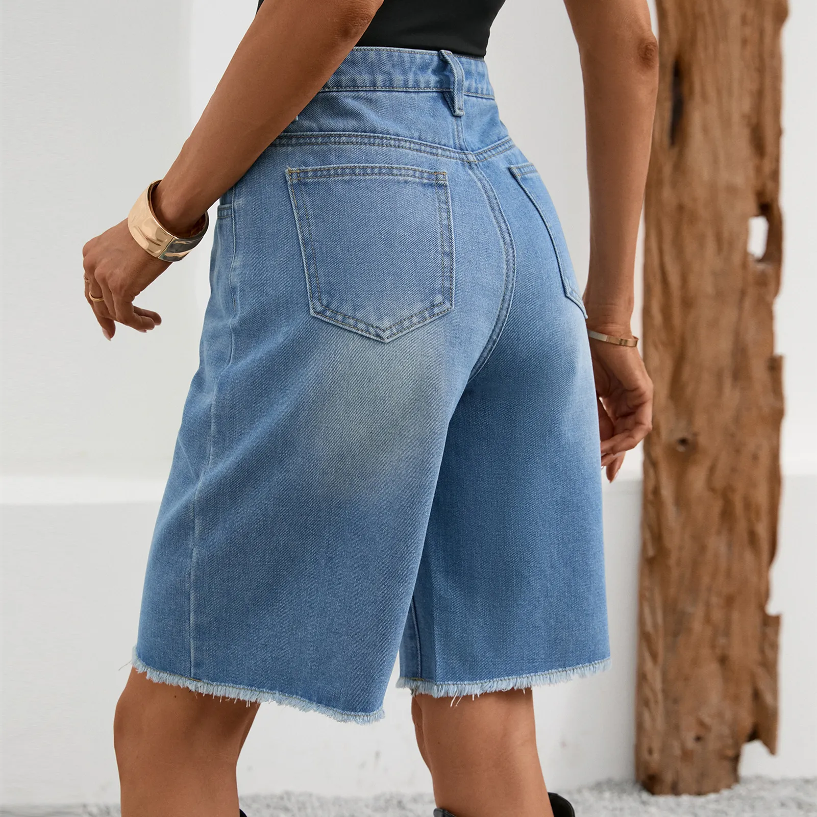 Distressed Raw Hem Denim Bermuda Shorts