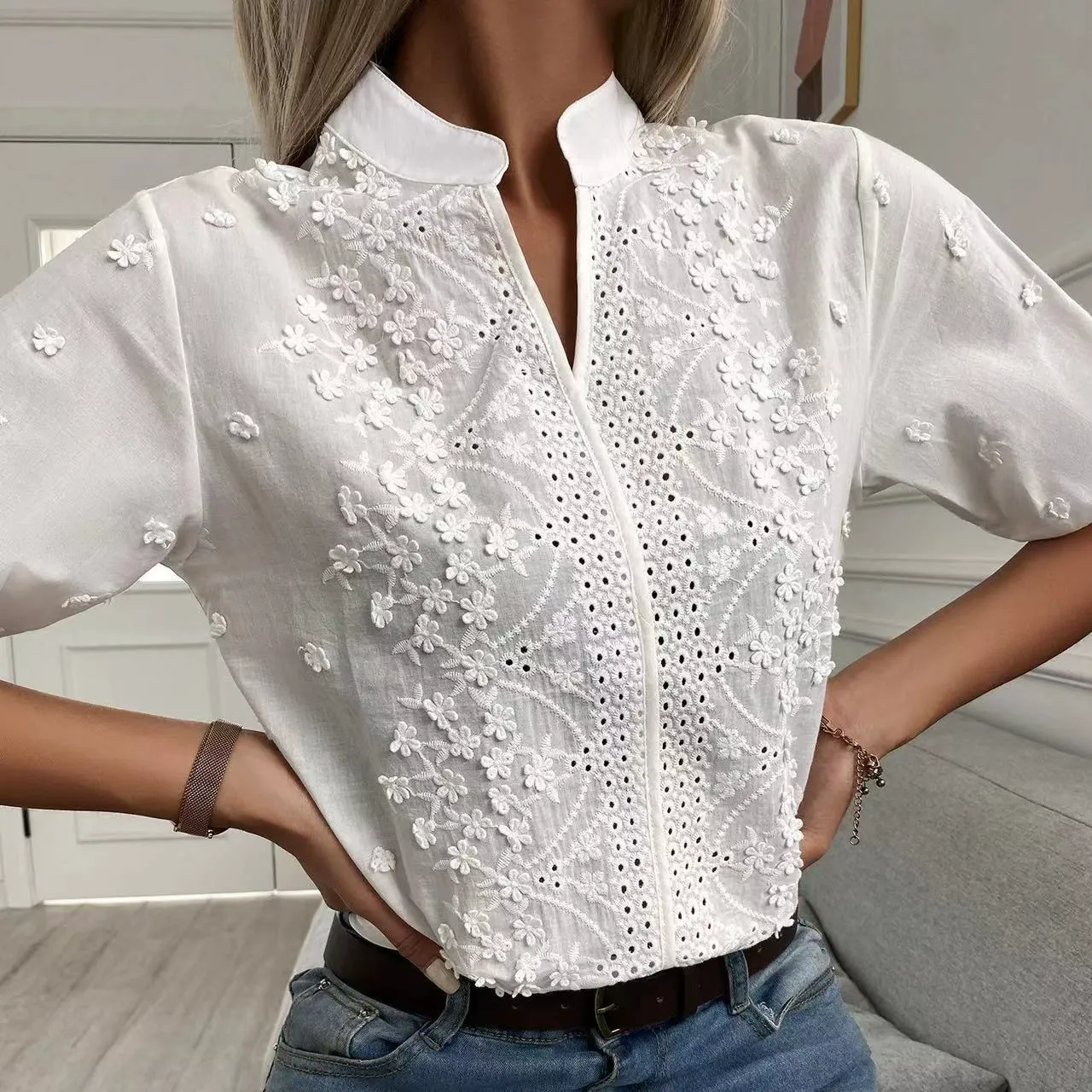 Embroidered Hollow Out Blouse