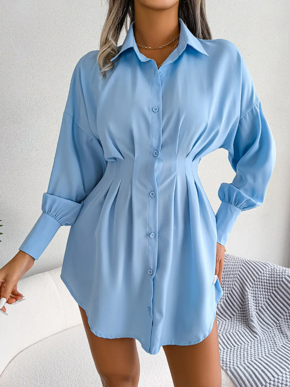 Casual Lantern Sleeve Asymmetrical Shirt Dress