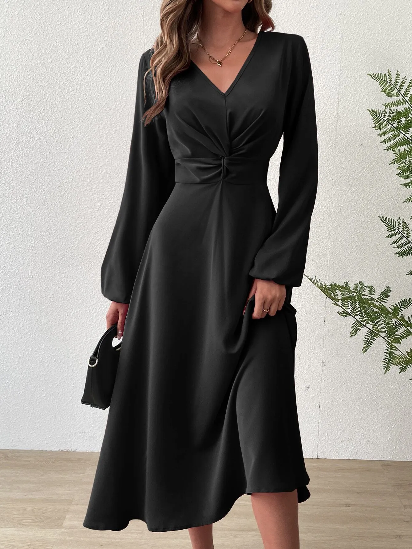 Elegant French Style V-Neck High Waist A-Line Midi Dress