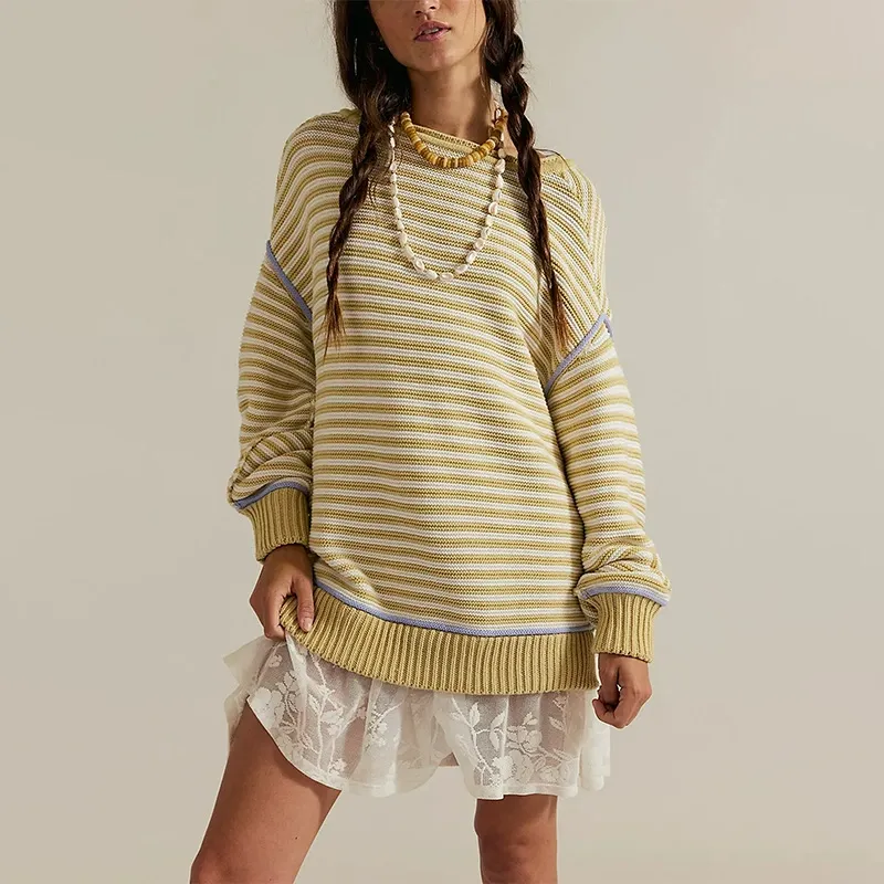 Loose Fit Striped Knit Crewneck Sweater