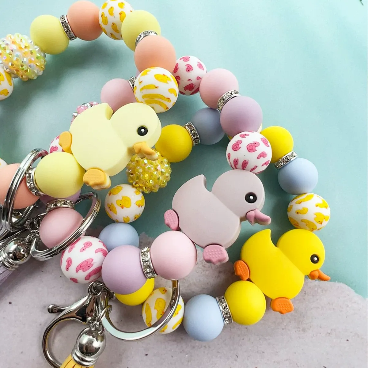 Cute Silicone Duck Keychain Bag Charm with Rhinestone Ball, Tassel & Silicone Beads