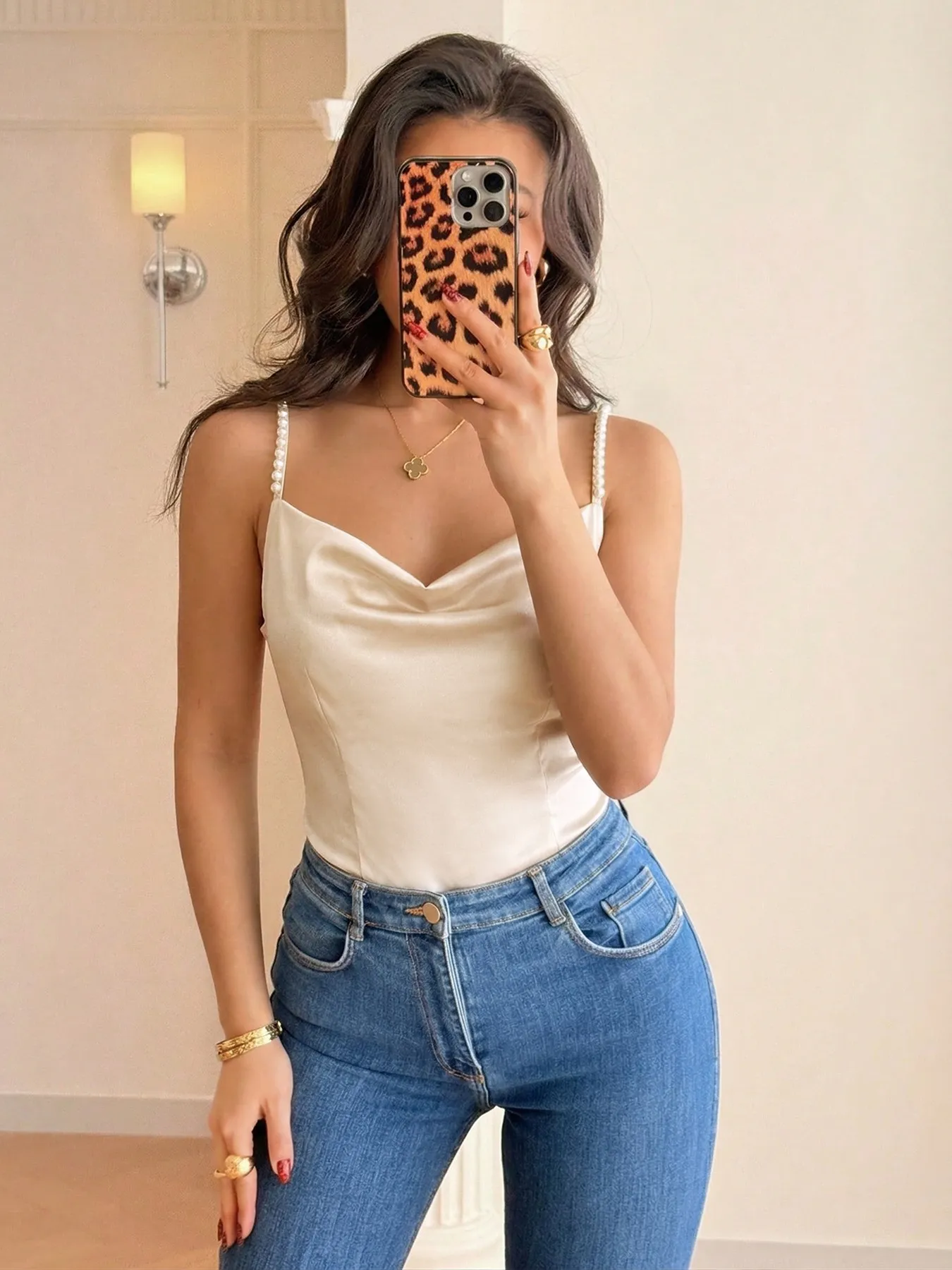 Beaded Satin Cowl Neck Bodysuit