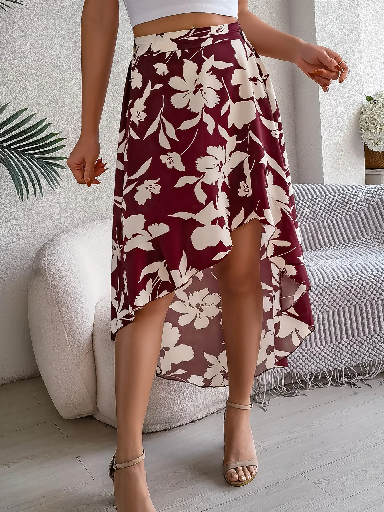 Elegant Floral Ruffled Asymmetrical Midi Skirt