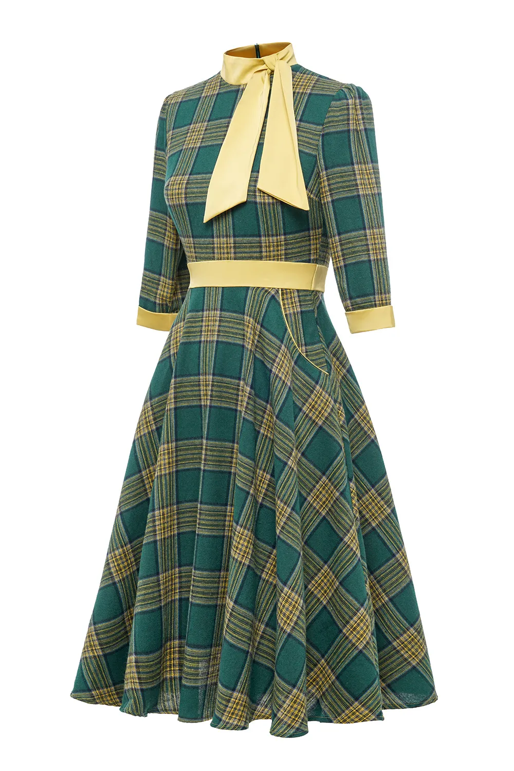 Green Plaid High Neck 3/4 Sleeve Belted Dress