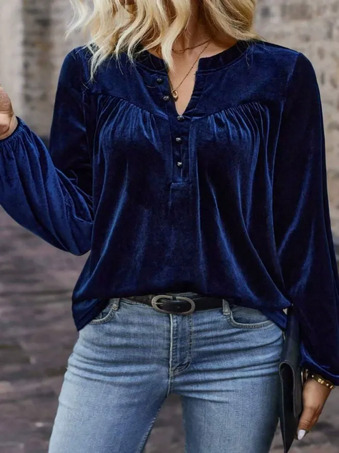 Solid V-Neck Long Sleeve Button Top