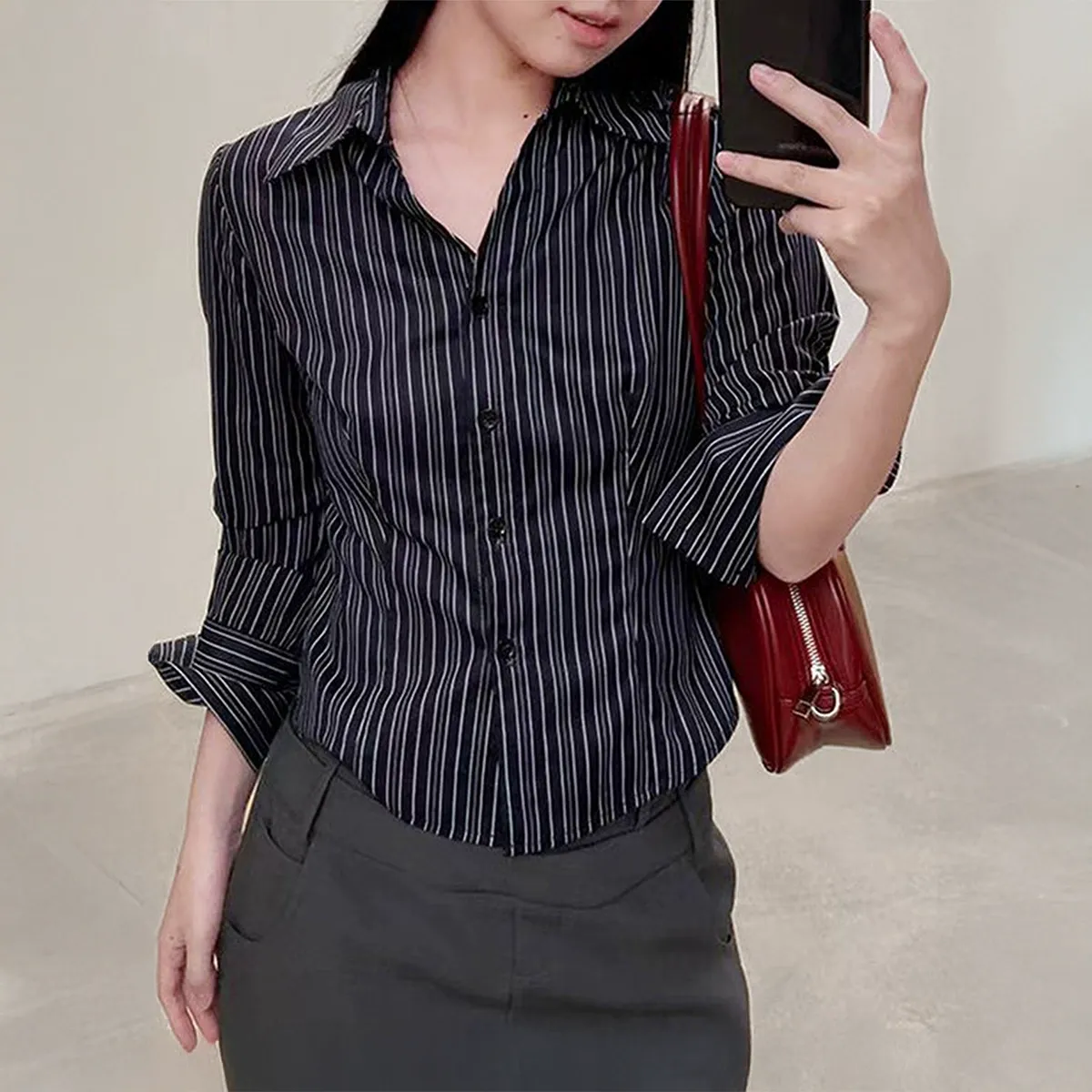 Slim Fit Black & White Striped Long Sleeve Shirt