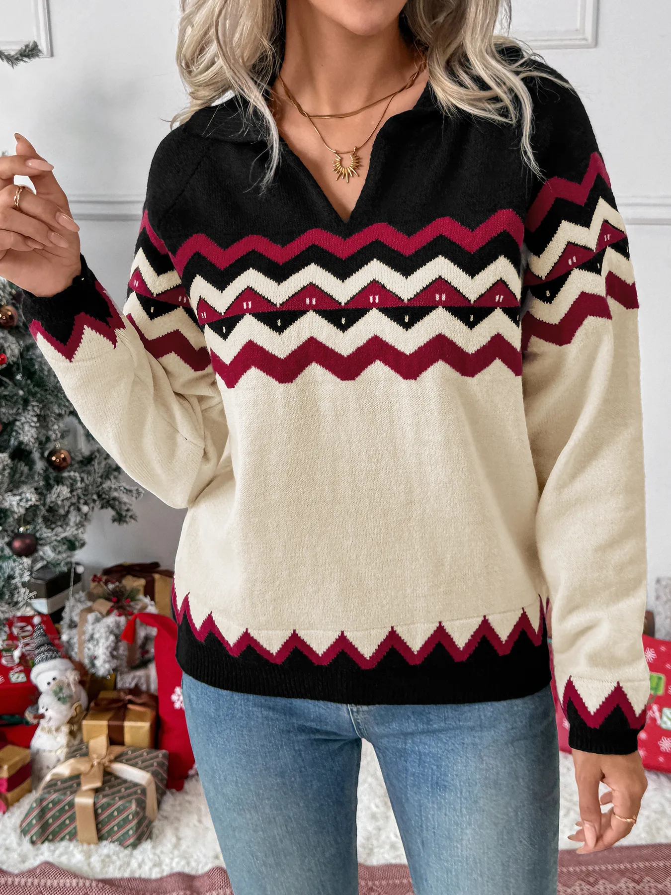 Retro Christmas Jacquard Color Block Polo Sweater