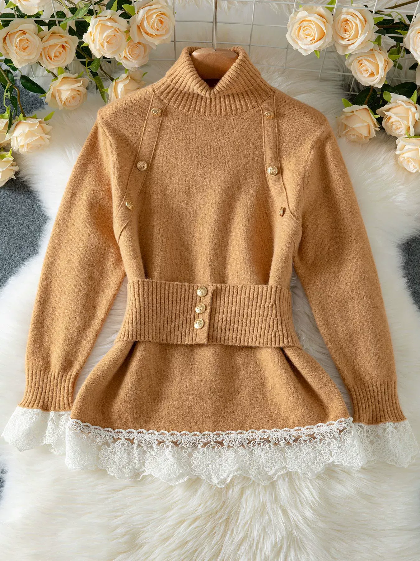 Collared Belted Knit Top with Lace Detail