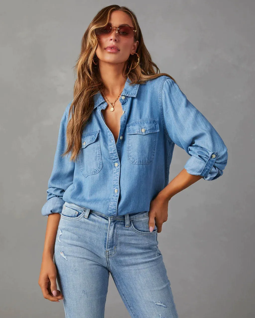 Casual Long Sleeve Denim Button-Up Shirt