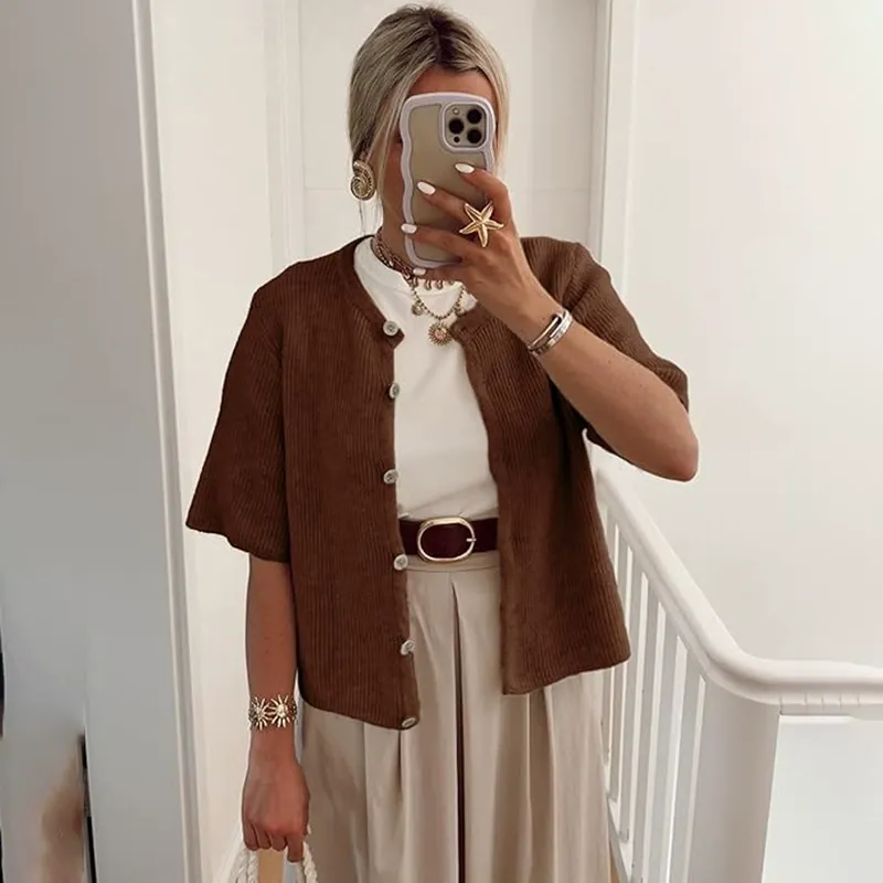 Button Short Sleeve Knit Cardigan