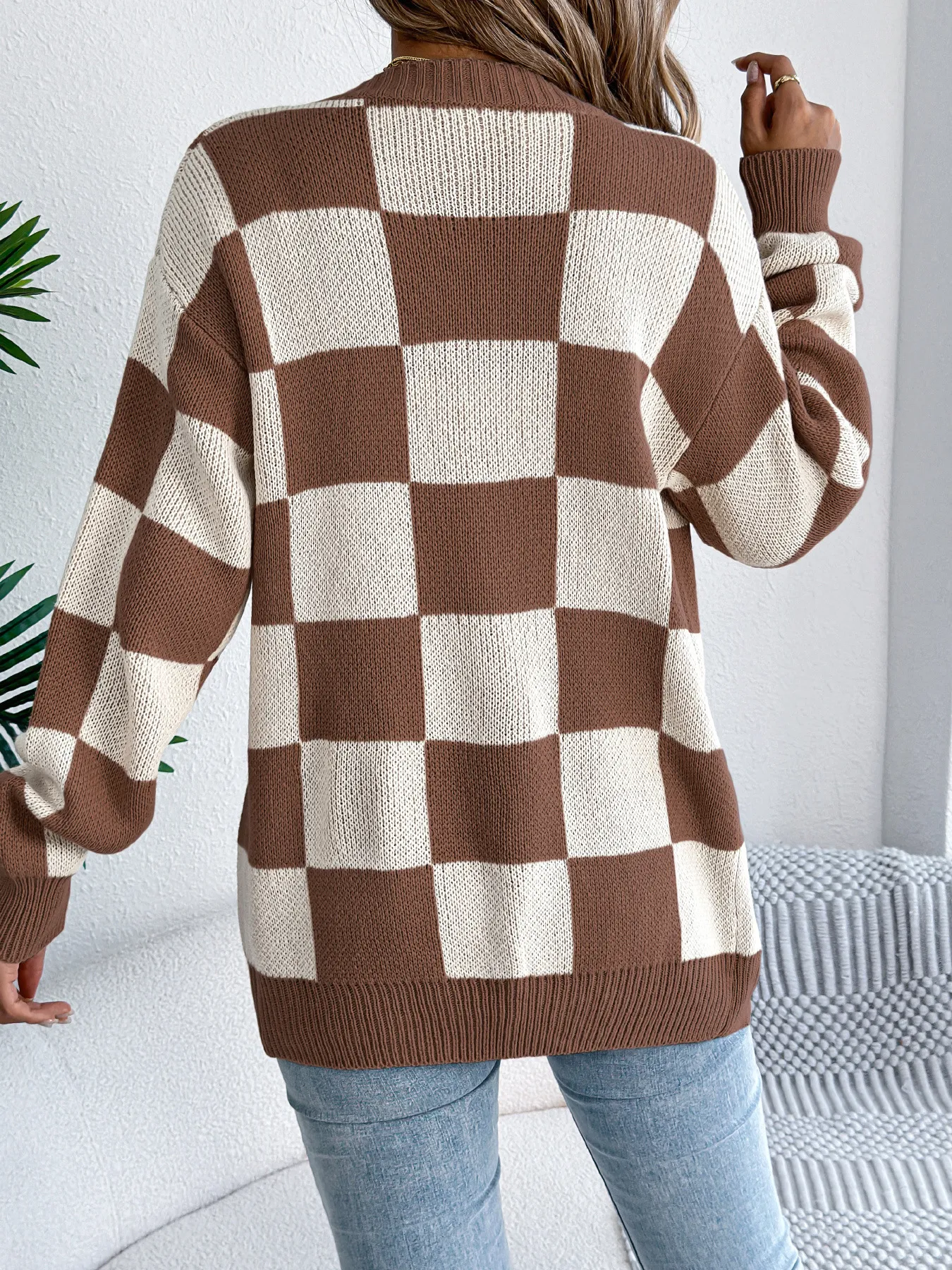 Plaid Color Block Lantern Sleeve Longline Cardigan