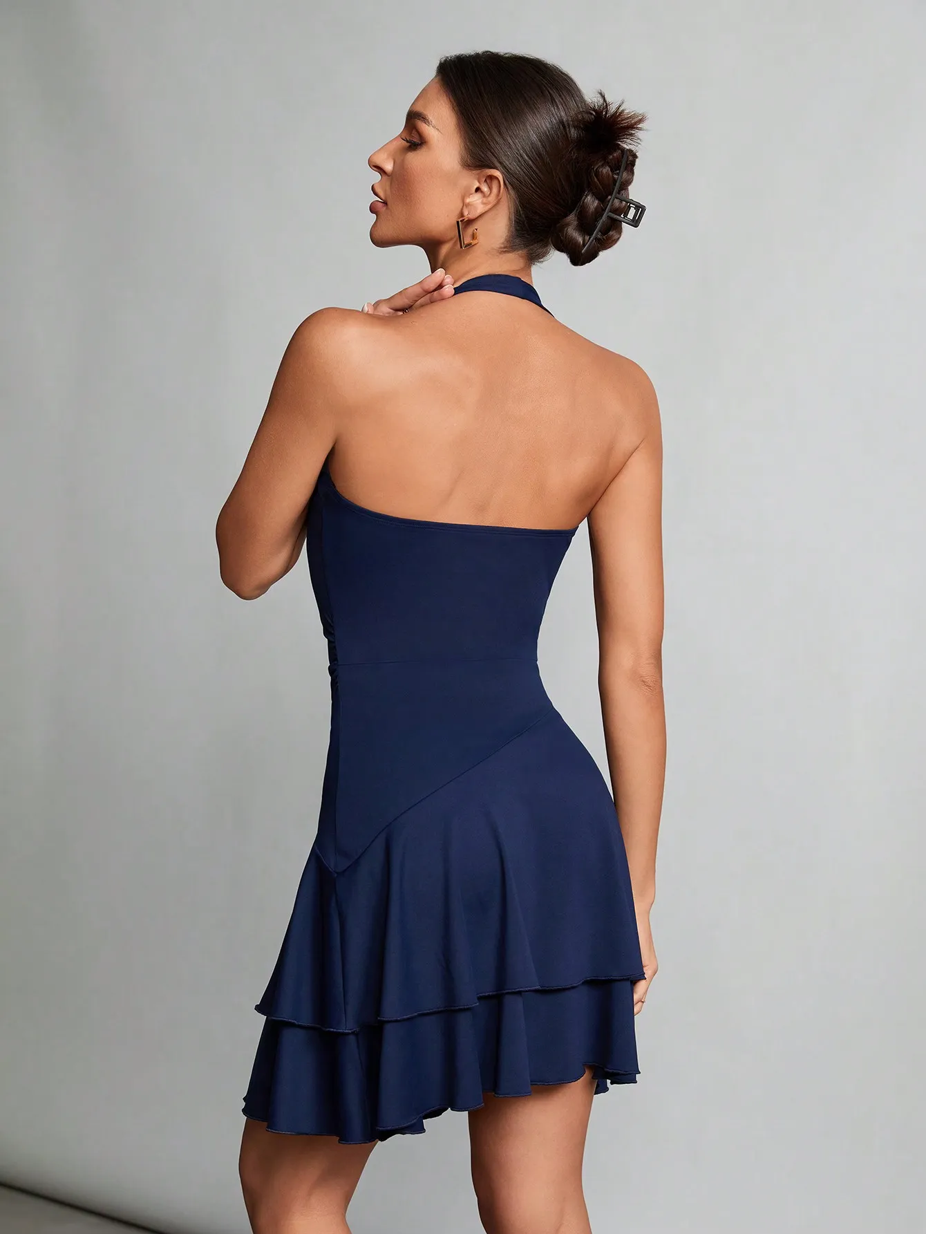 Halter Neck Backless Ruffle Mini Dress