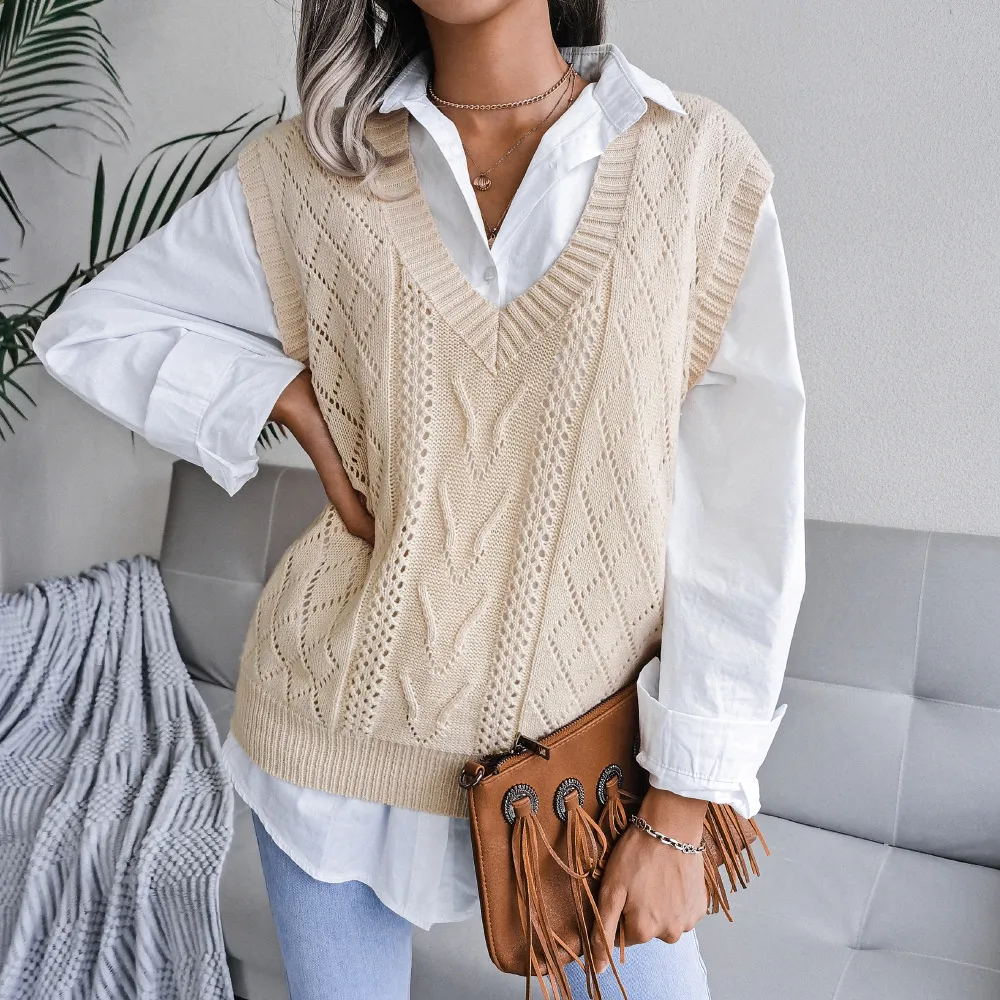 V-Neck Open Knit Cable Sweater Vest