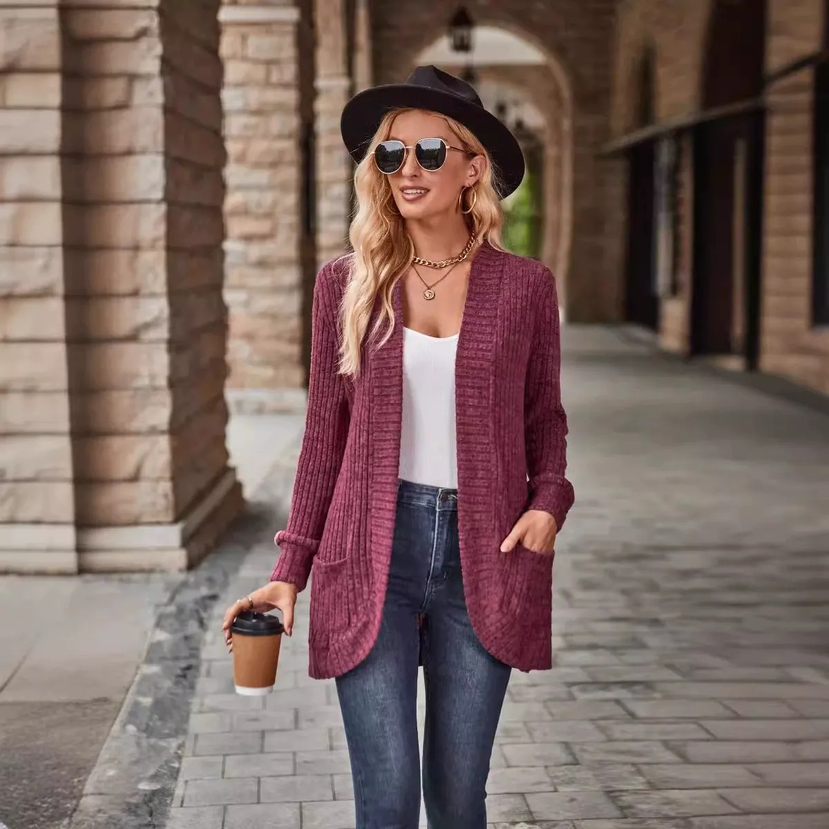 Solid Brushed Ribbed Long Sleeve Cardigan