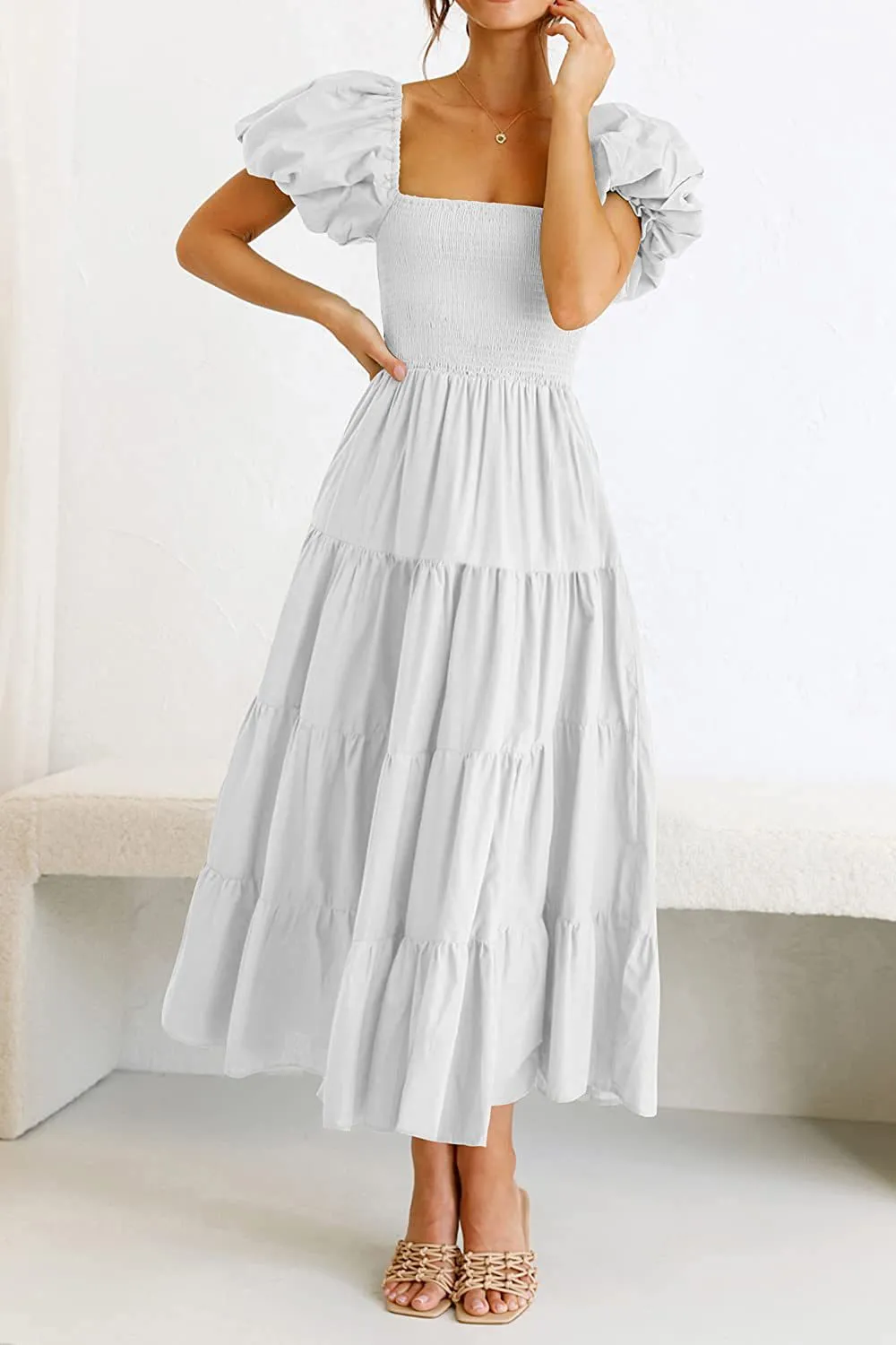 Square Neck Backless Puff Sleeve Ruched Dress
