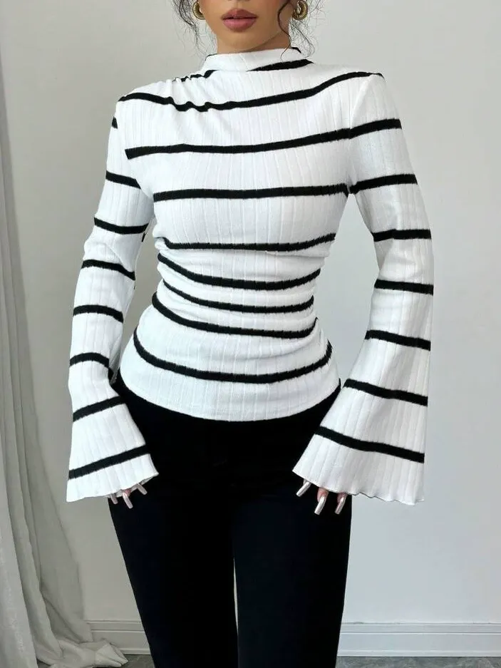 Striped Brushed Knit Mock Neck Bell Sleeve Top