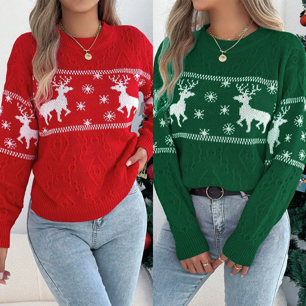 Christmas Reindeer Print Lantern Sleeve Pullover Sweater