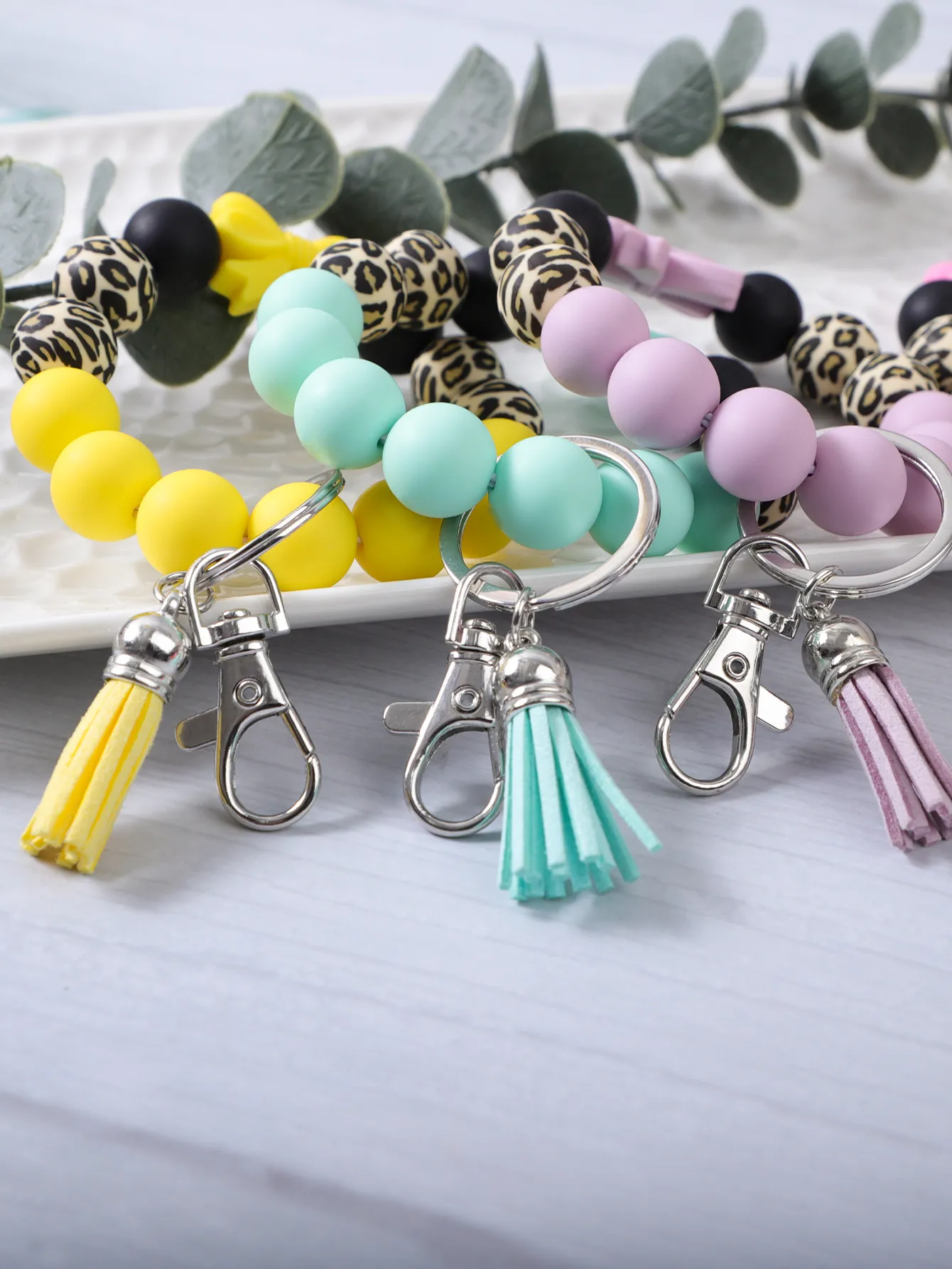 Leopard Print Silicone Beaded Bow Tassel Wristlet Keychain