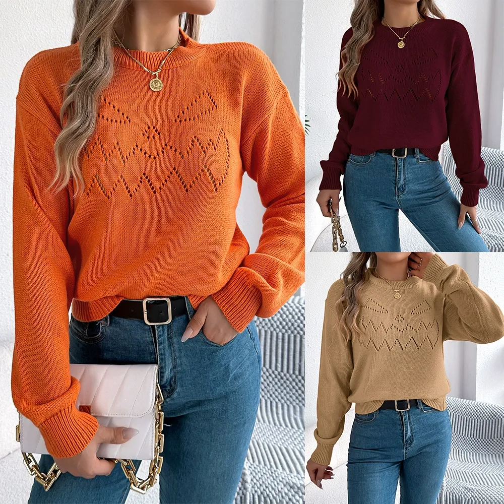 Solid Open-Knit Lantern Sleeve Sweater