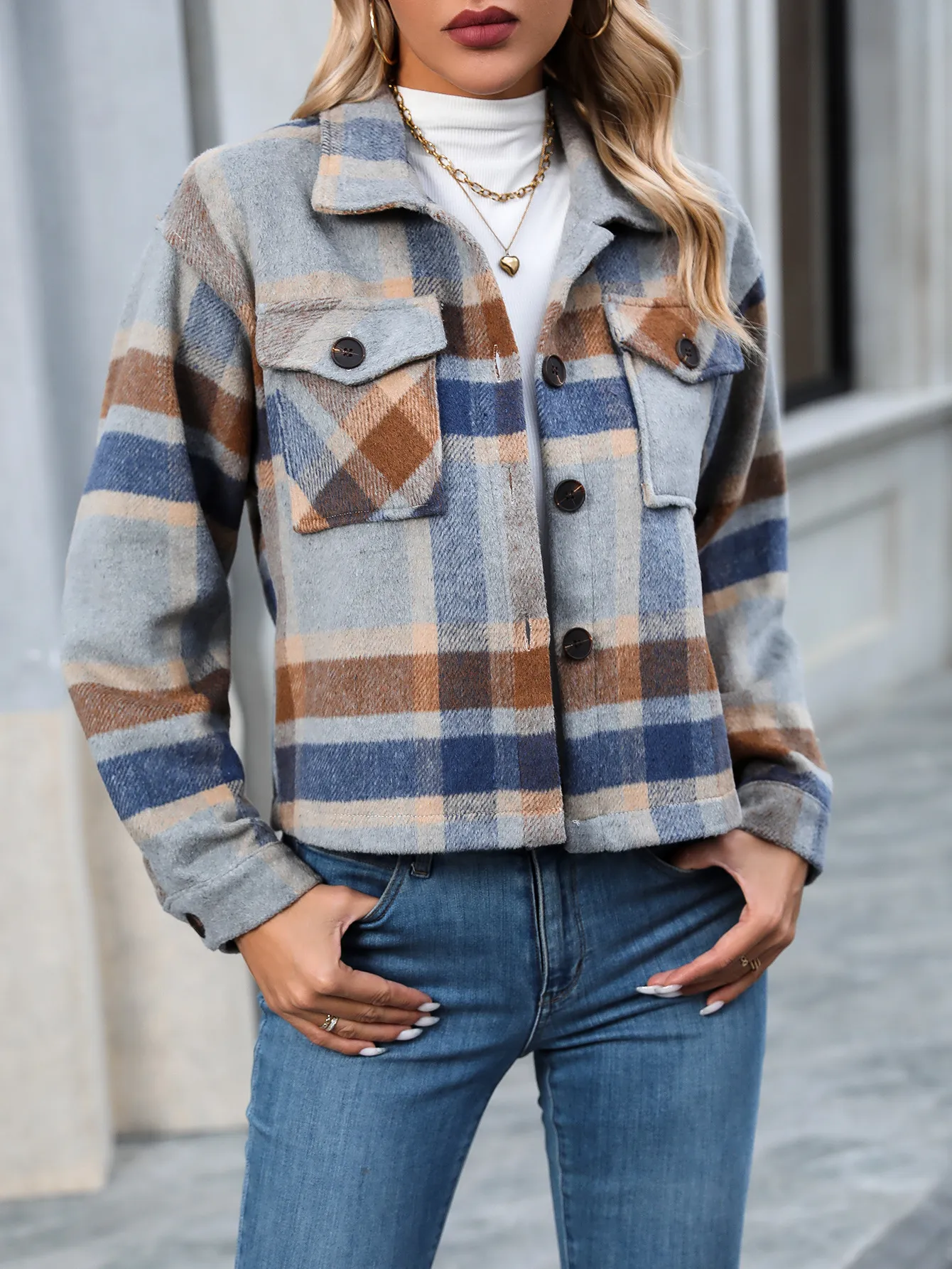 Casual Plaid Pocket Wool Short Jacket
