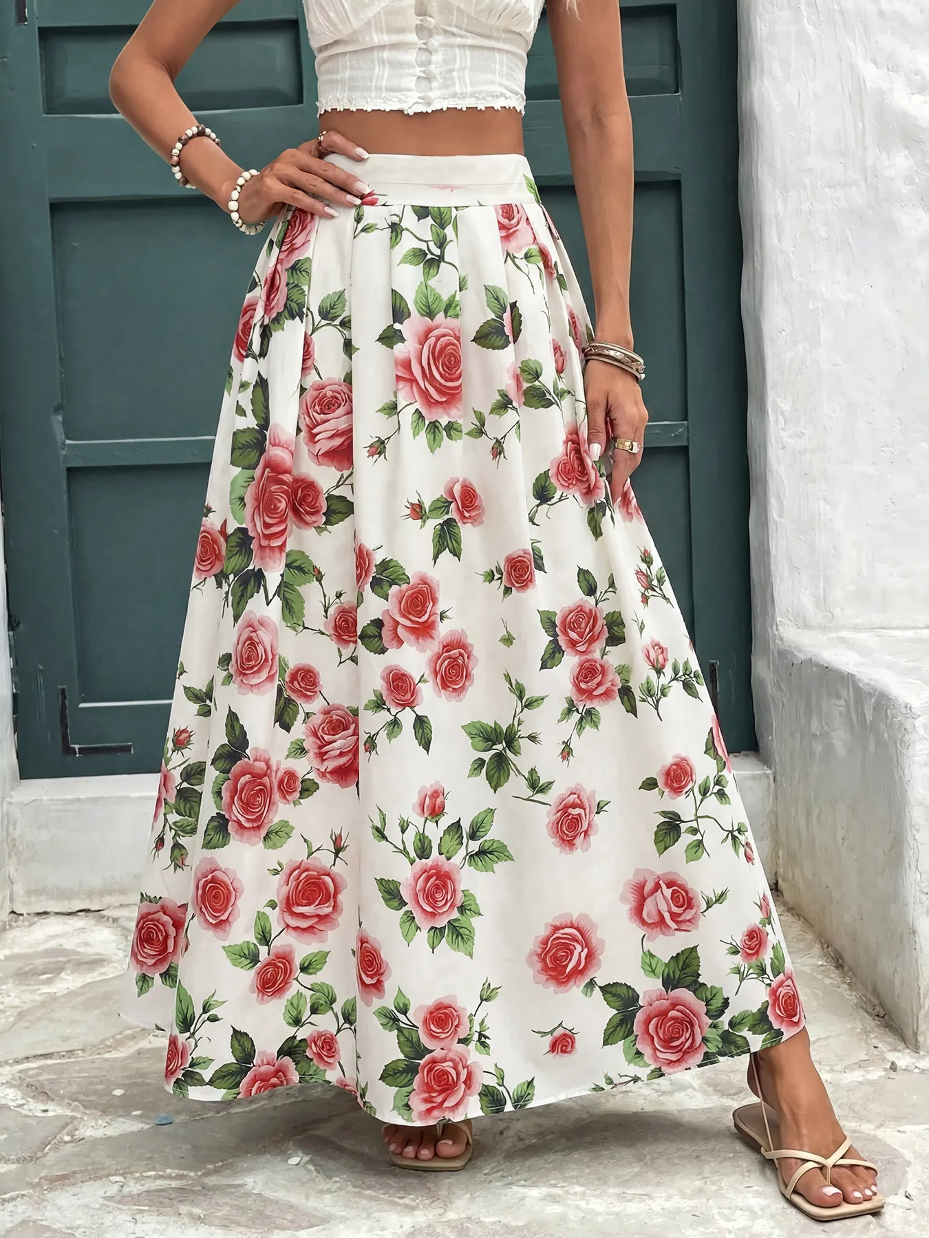 Vintage Rose Print High Waist Midi A-Line Skirt