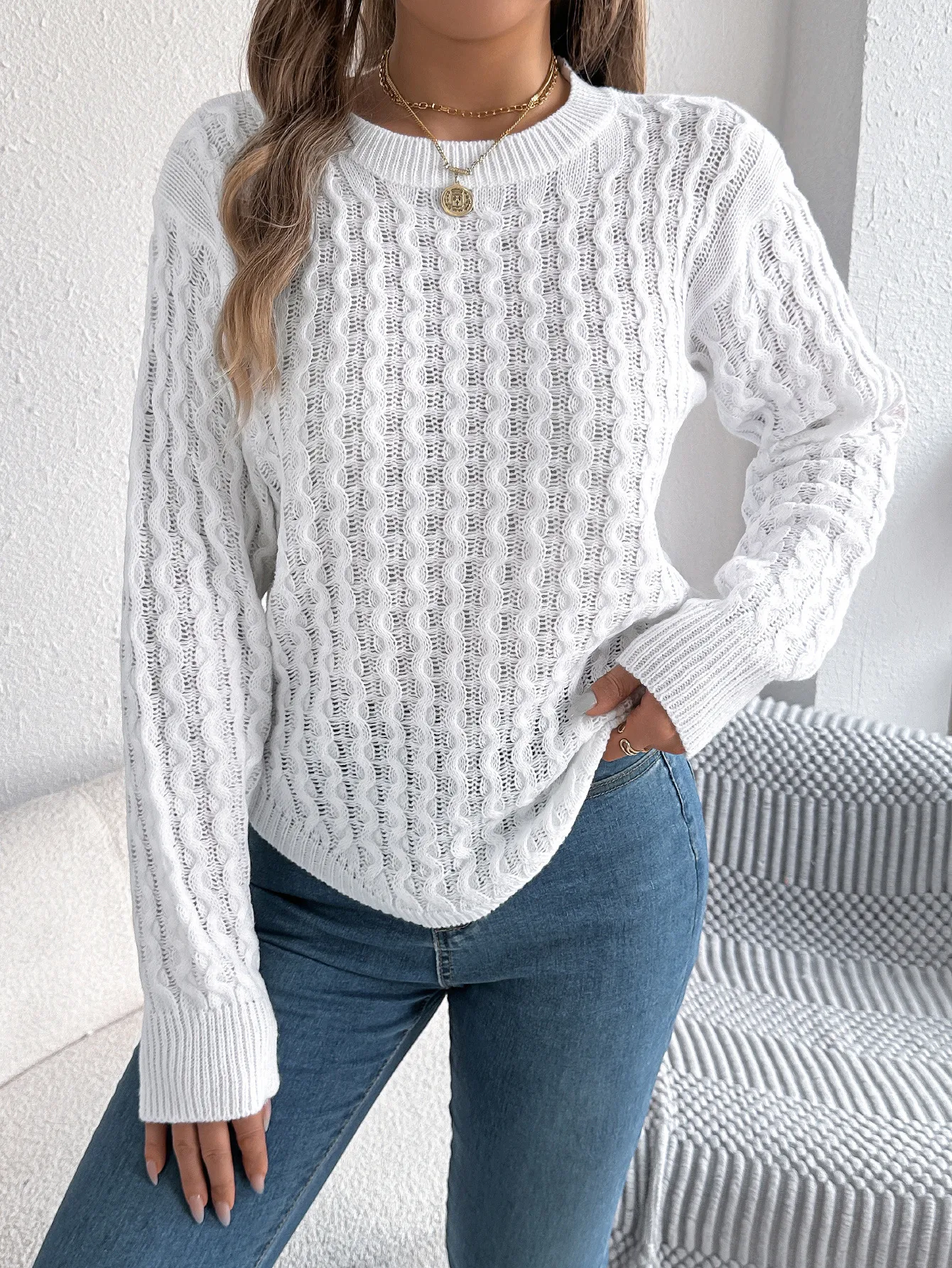 Casual Solid Cable Knit Pullover Sweater