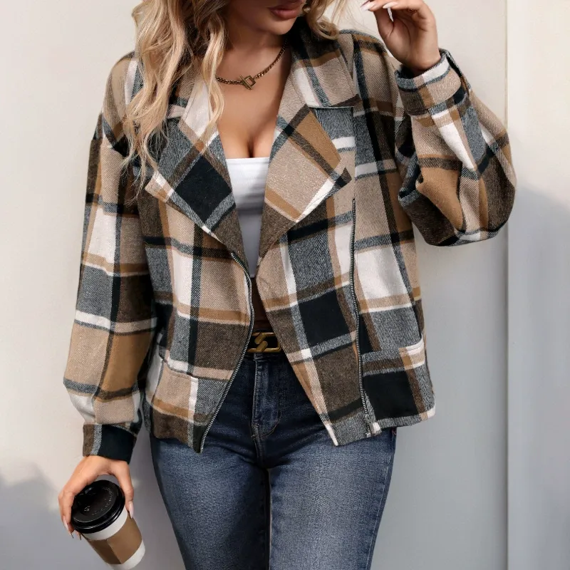 Casual Retro Plaid Brushed Lapel Jacket