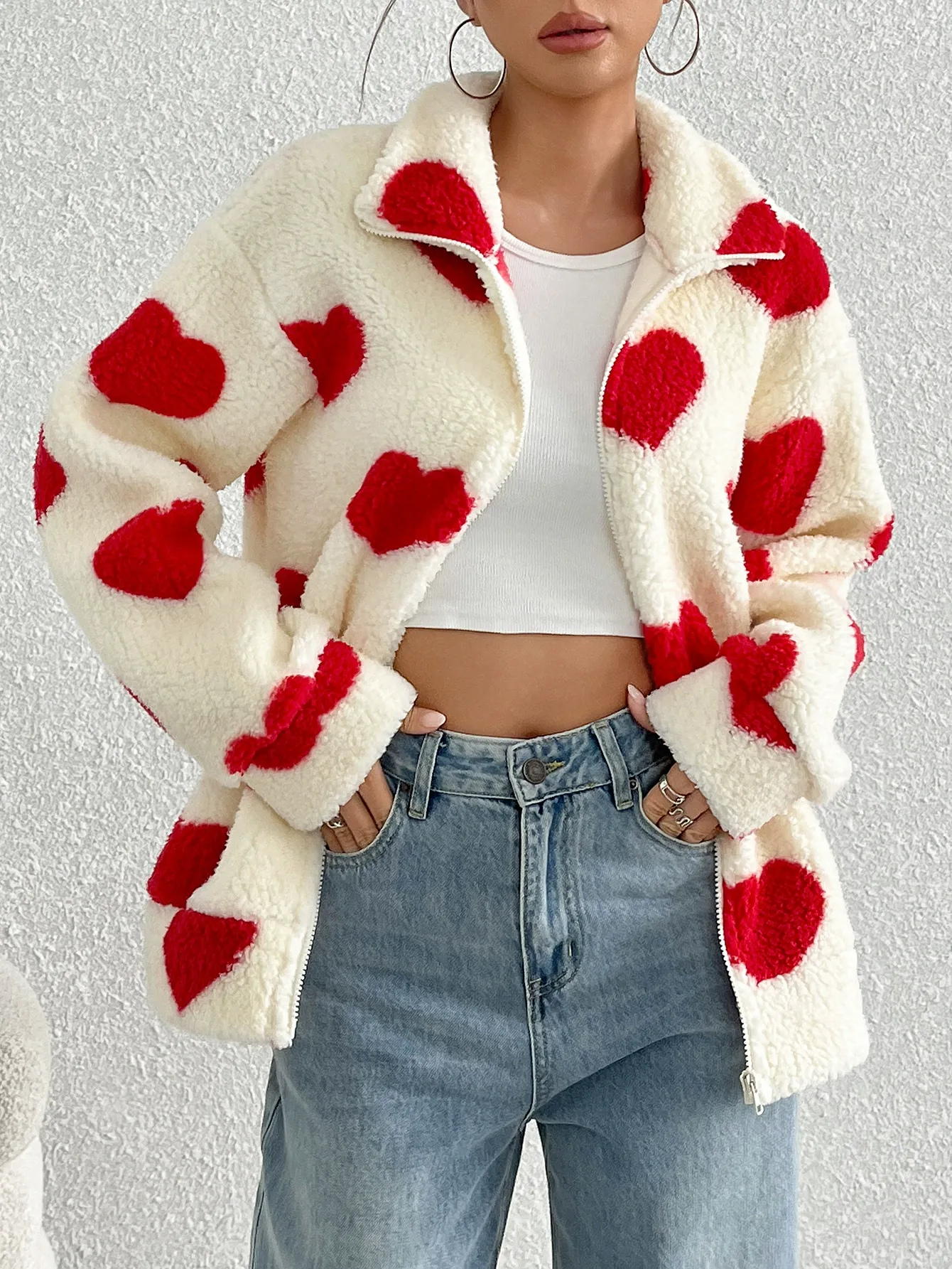 Fuzzy Heart Print Zip-Up Cardigan