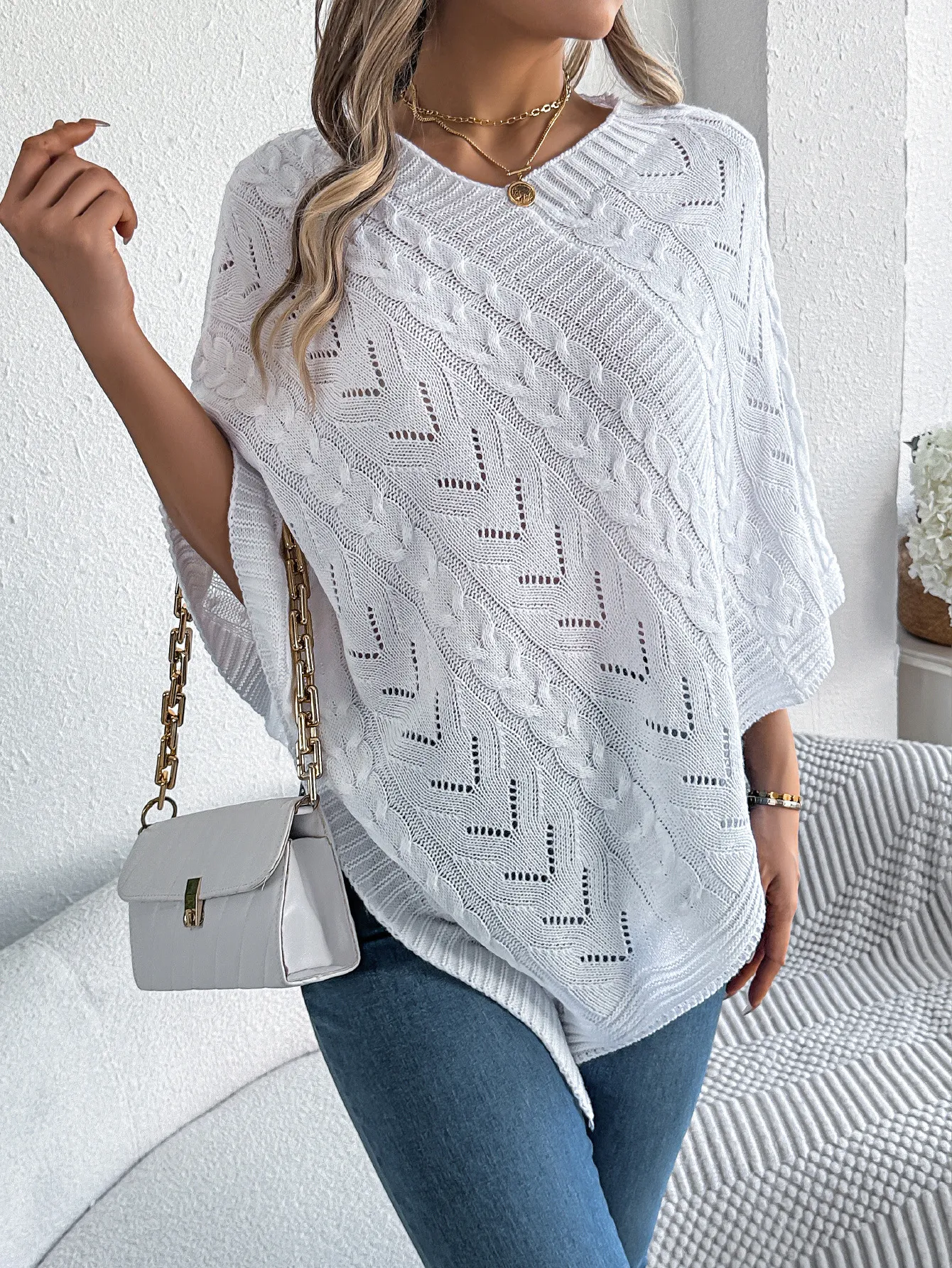 Solid Casual Loose Fit Cable Knit Poncho Sweater