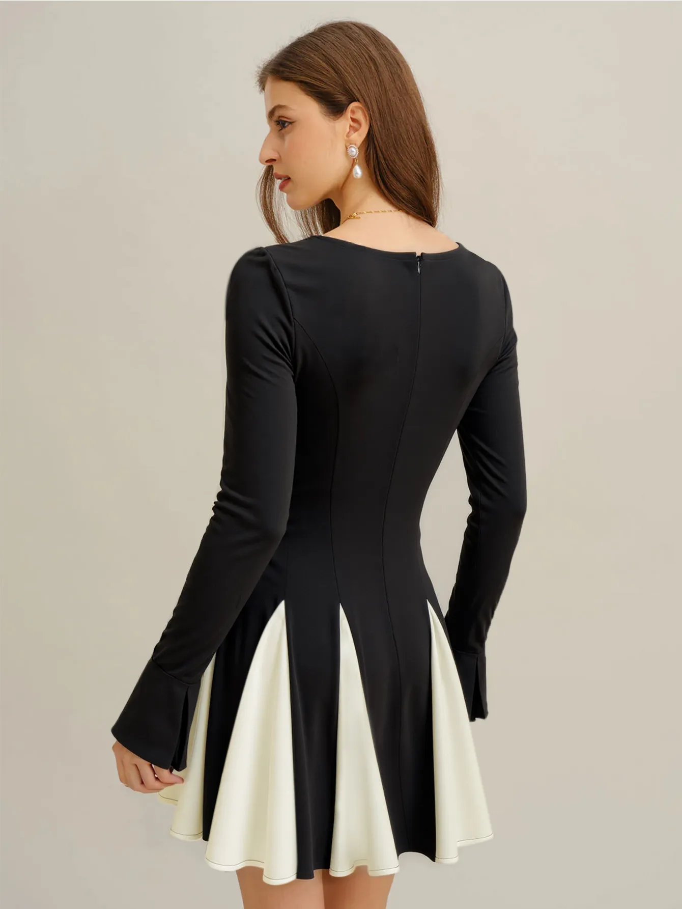 Black & White Colorblock Square Neck Long Sleeve A-Line Mini Dress