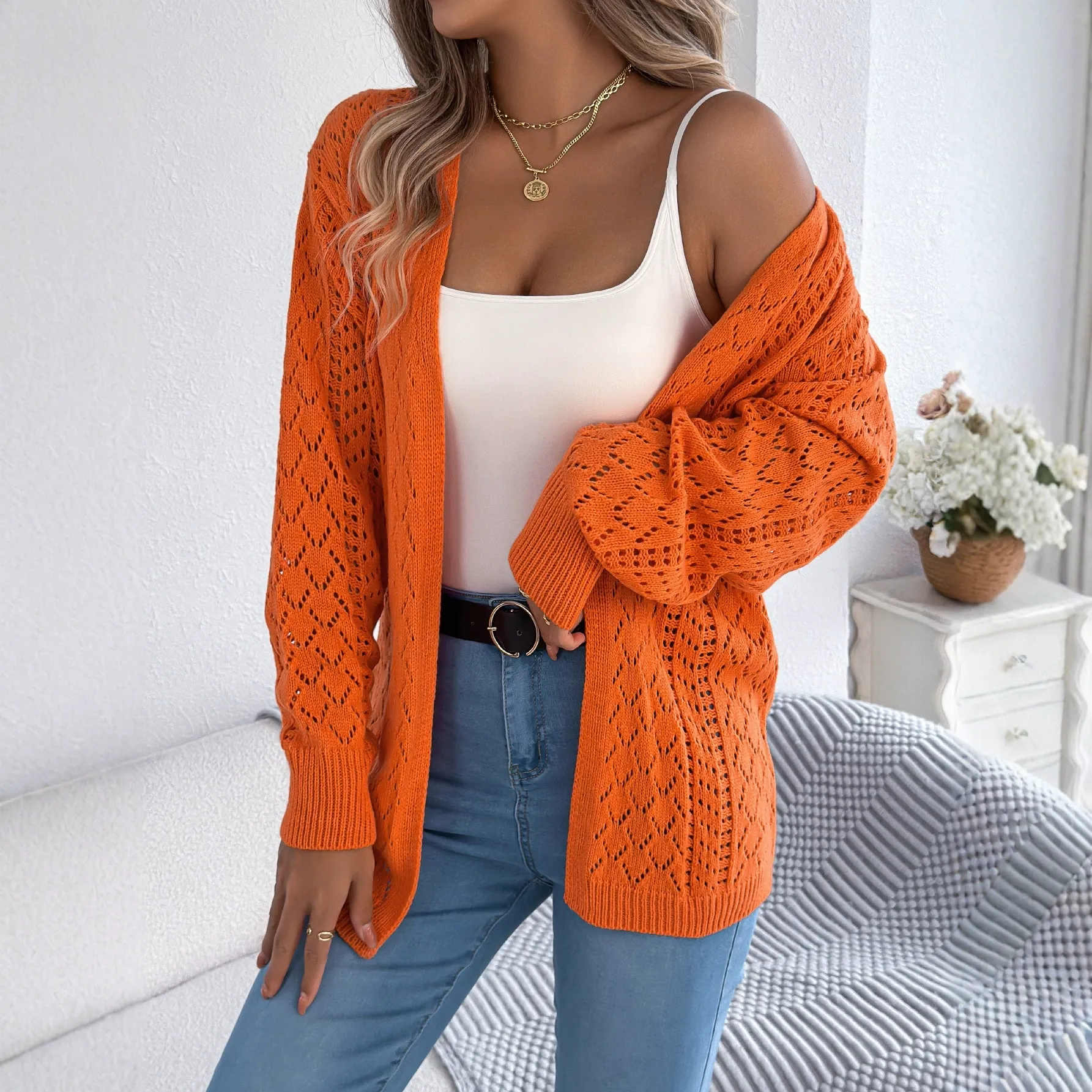 Lantern Sleeve Open Knit Longline Cardigan