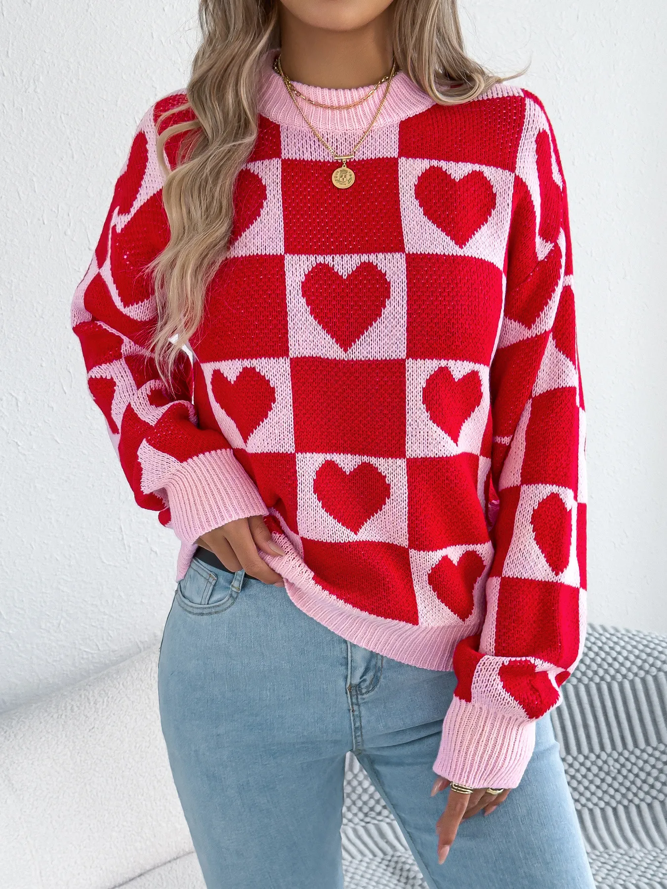 Heart Plaid Lantern Sleeve Pullover Sweater