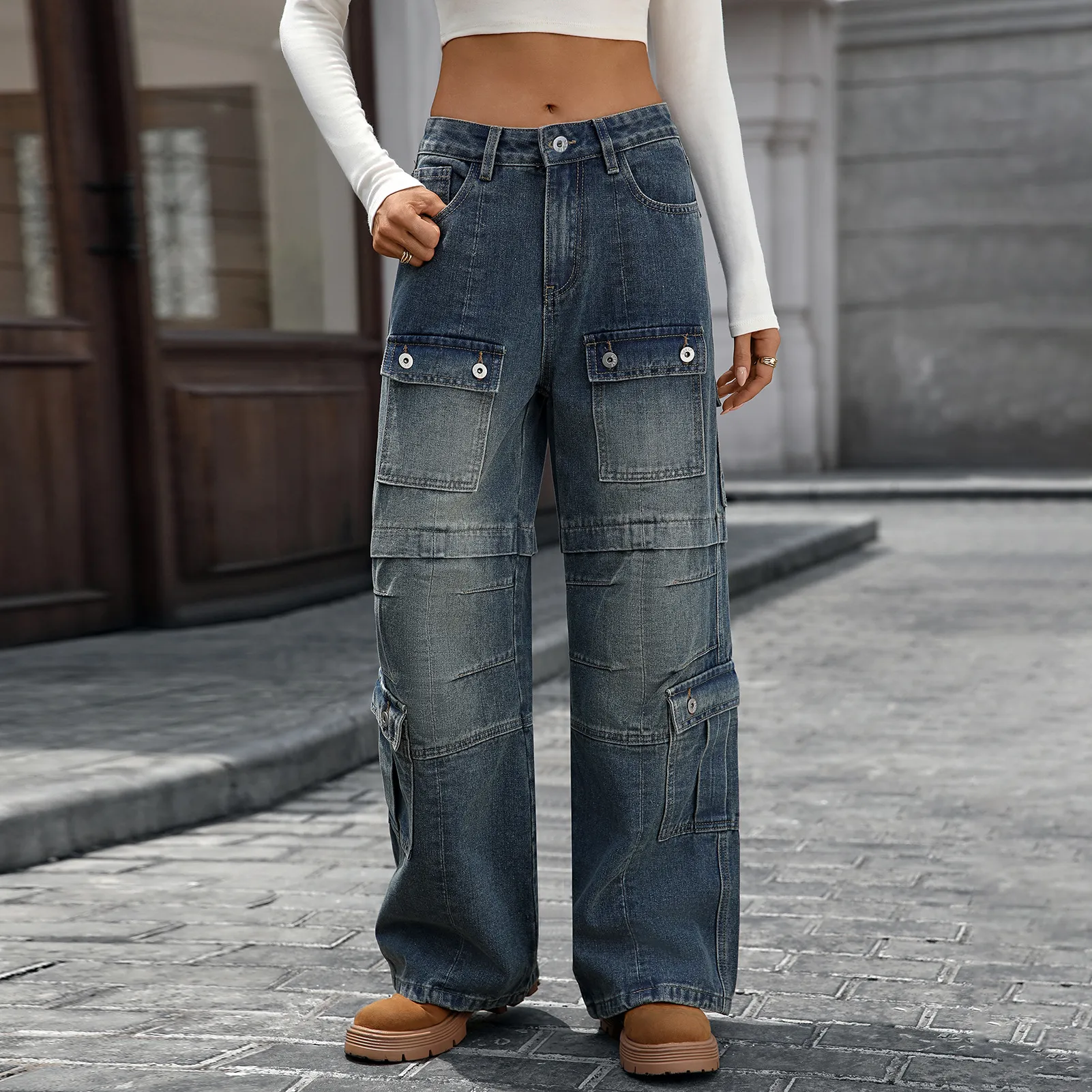 Washed Multi-Pocket Denim Cargo Pants