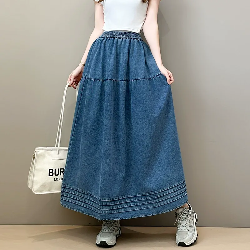 Washed Paneled Elastic Waist Midi Denim Skirt
