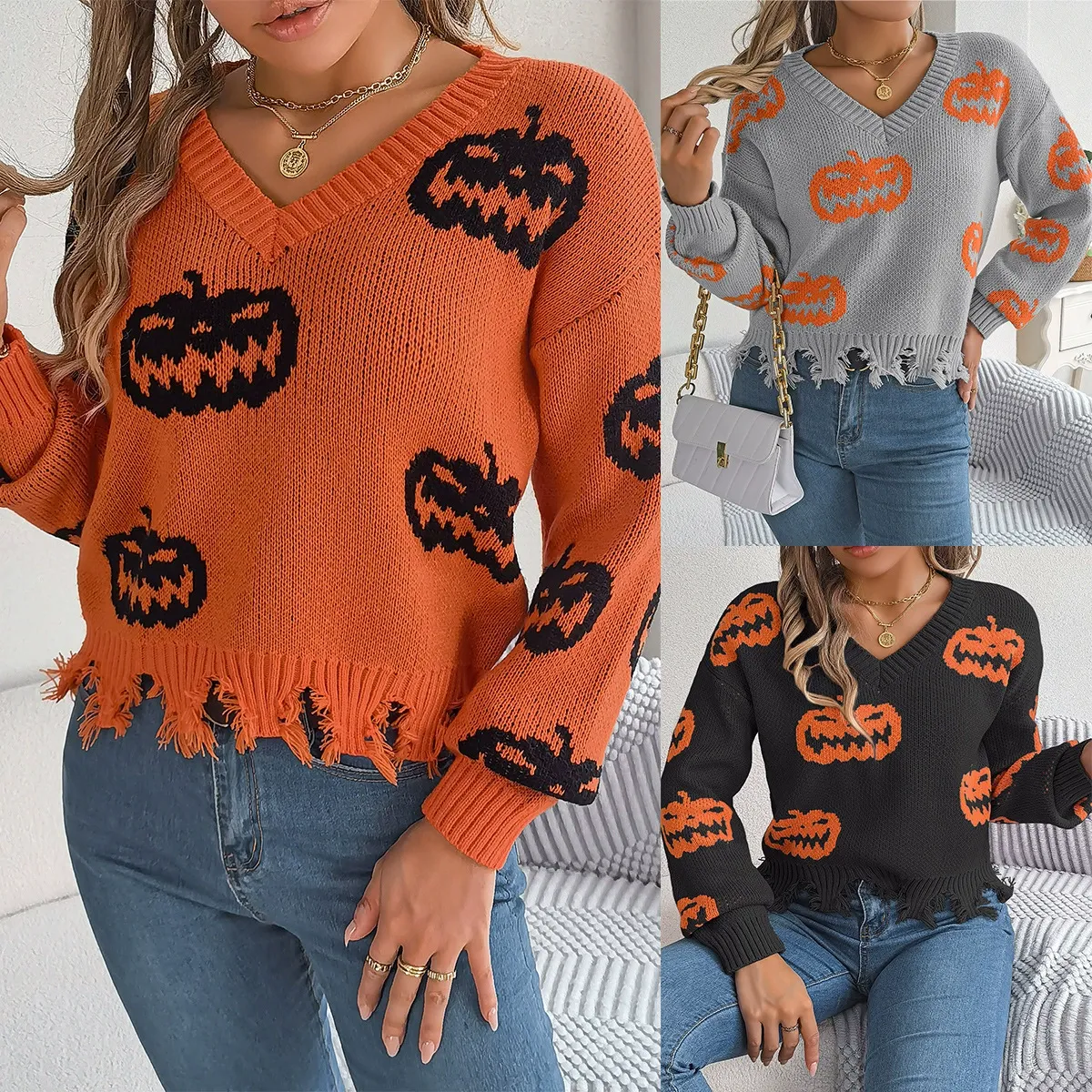 Halloween Pumpkin Distressed Colorblock Long Sleeve Pullover Sweater
