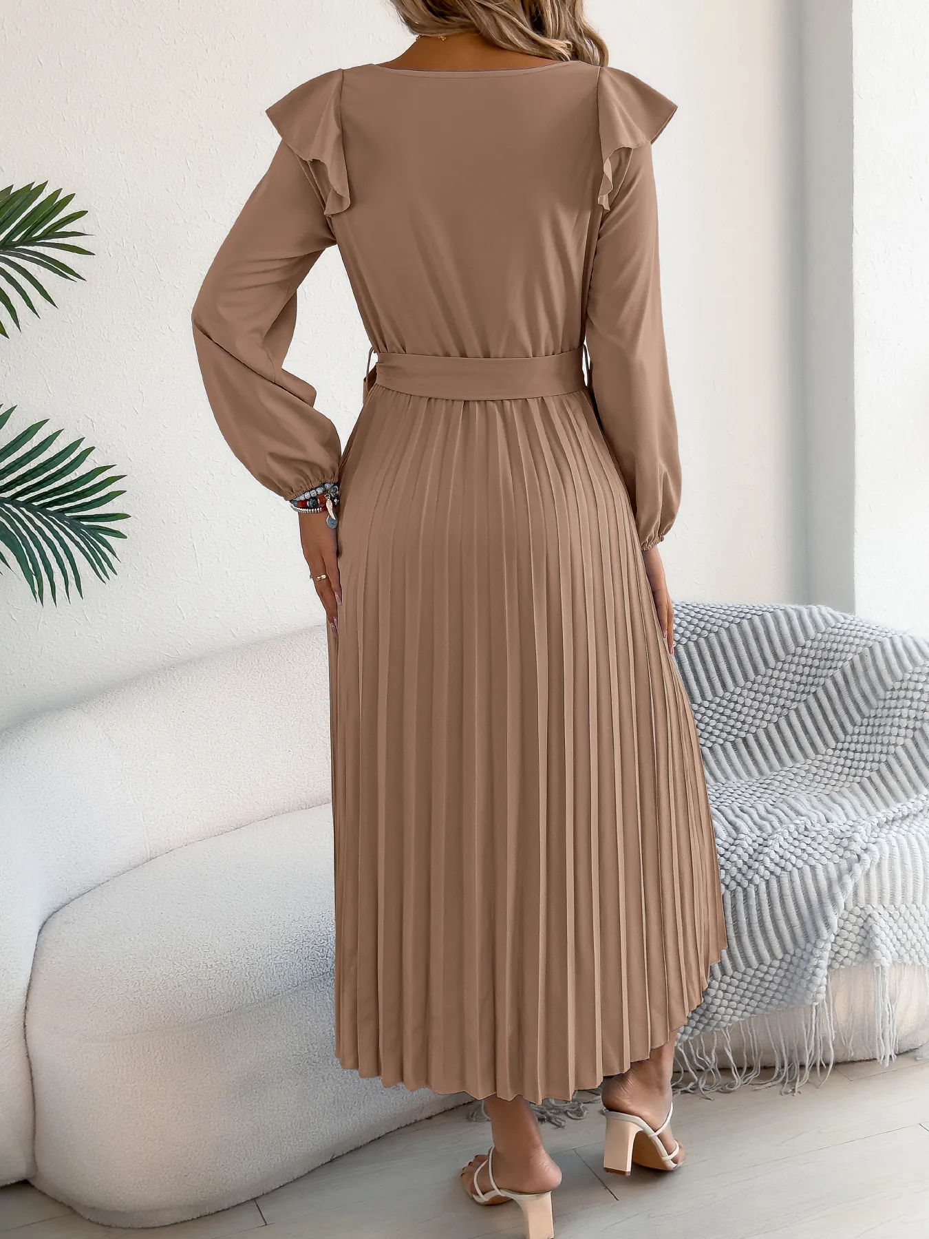 Elegant Ruffled Square Neck Cinched Waist Pleated Dress