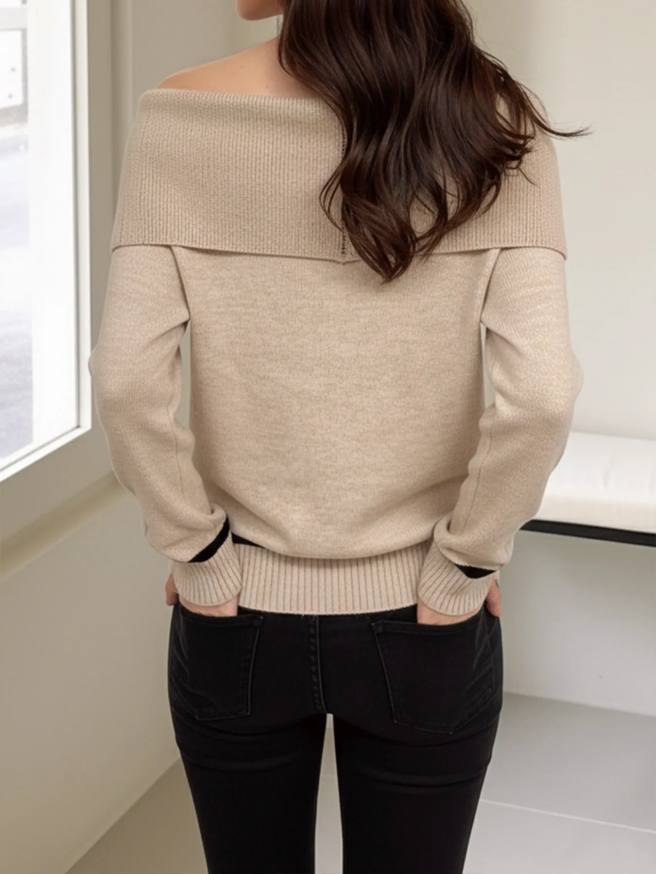 Off-Shoulder Diamond Jacquard Loose Sweater