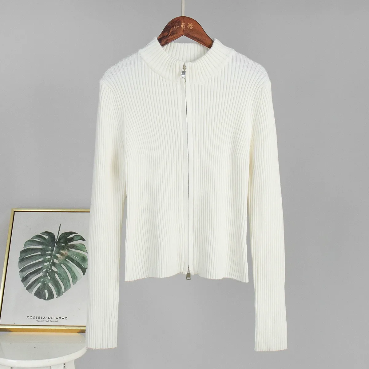 Fitted Stand Collar Double-Zip Knit Cardigan