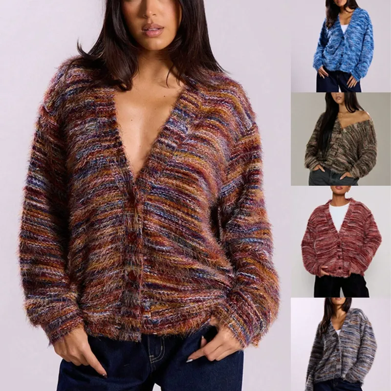 Retro Fashion Deep V-Neck Fuzzy Cardigan