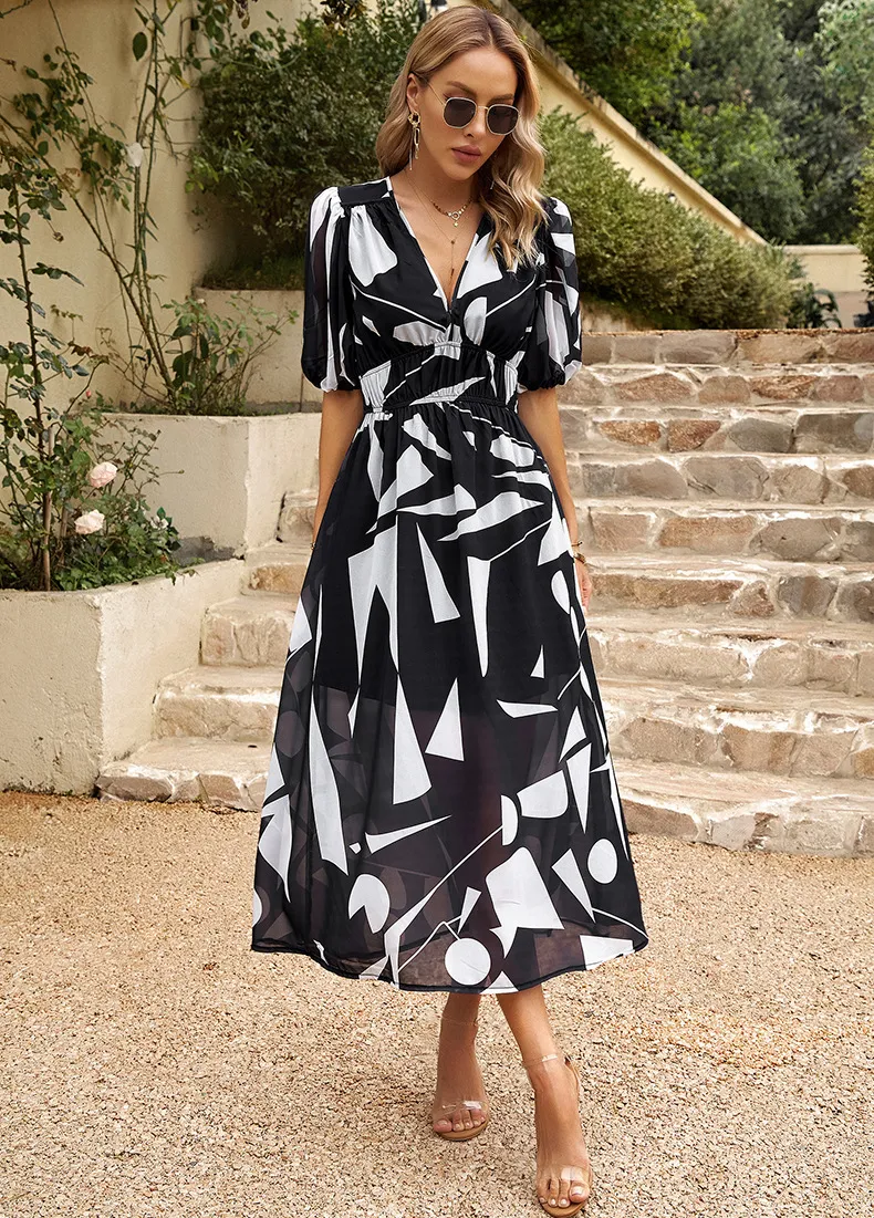Diyun Printed Deep V-Neck Cinched Waist Maxi Dress