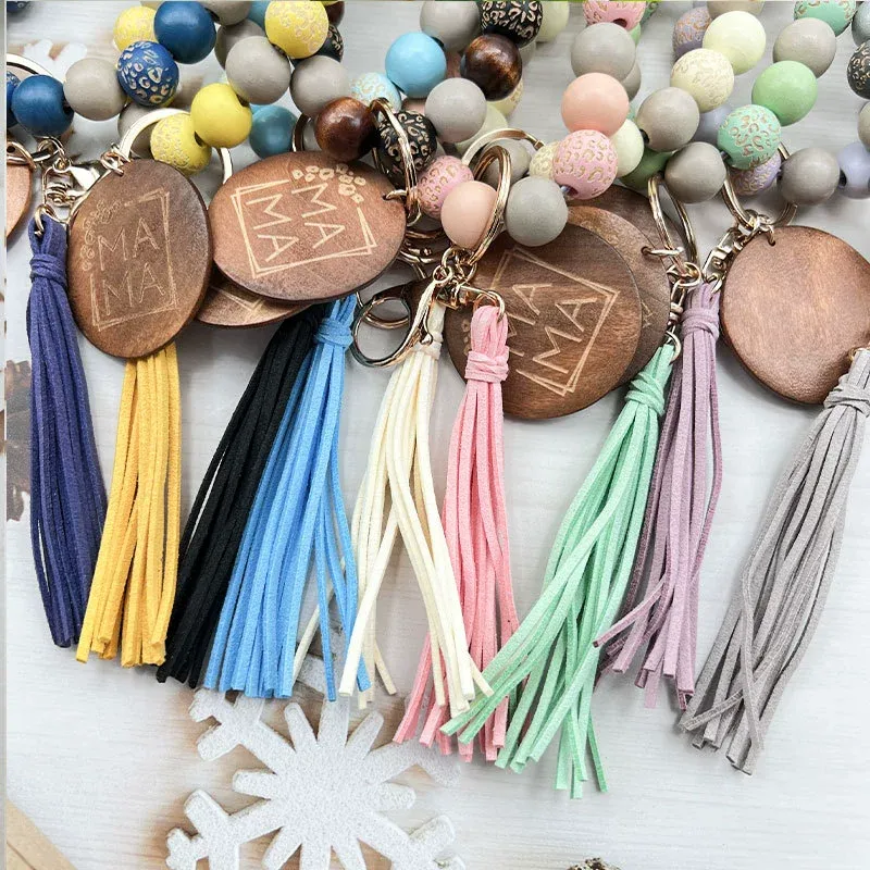 MAMA Charm Keychain with Wooden Beads and Suede Tassel