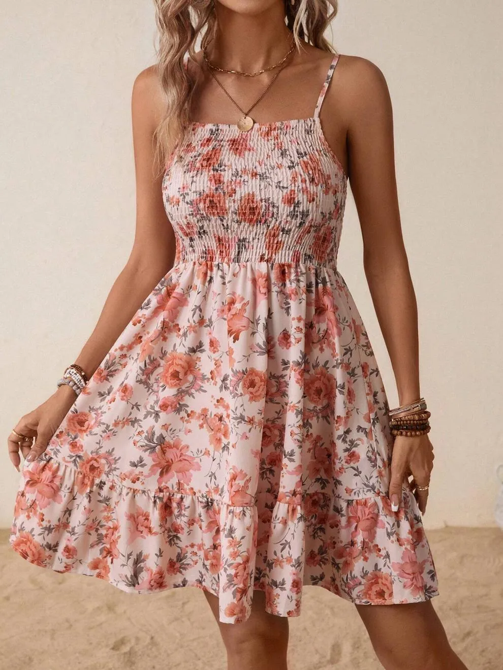 Printed Smocked Spaghetti Strap Dress