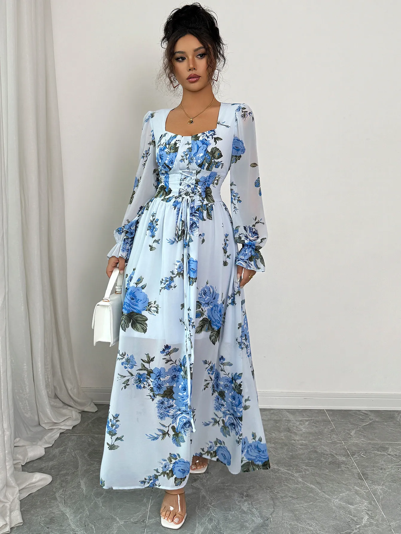 Elegant Printed Ruffle Long Sleeve Dress