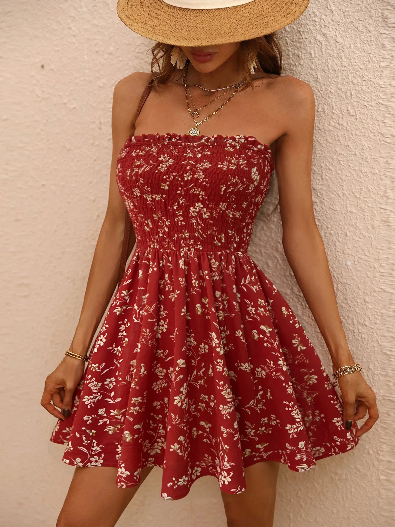 Floral Print Spaghetti Strap Cinched Waist Dress