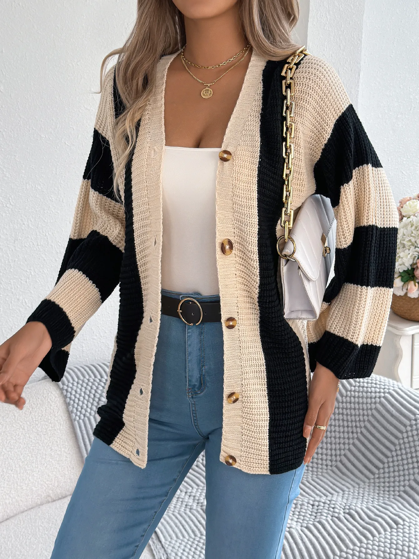 Colorblock Striped Flared Sleeve Longline Cardigan