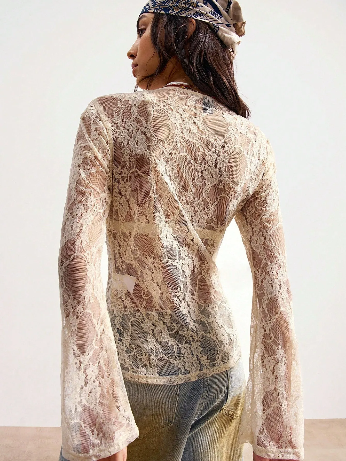 Slim Fit Semi-Sheer Lace Blouse